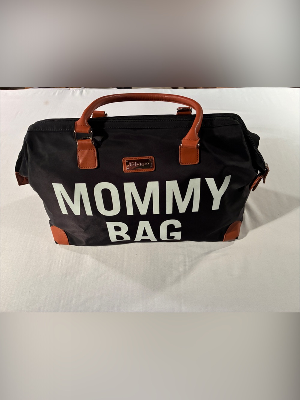 Black 'Mommy Bag' Diaper Tote with Brown Trim